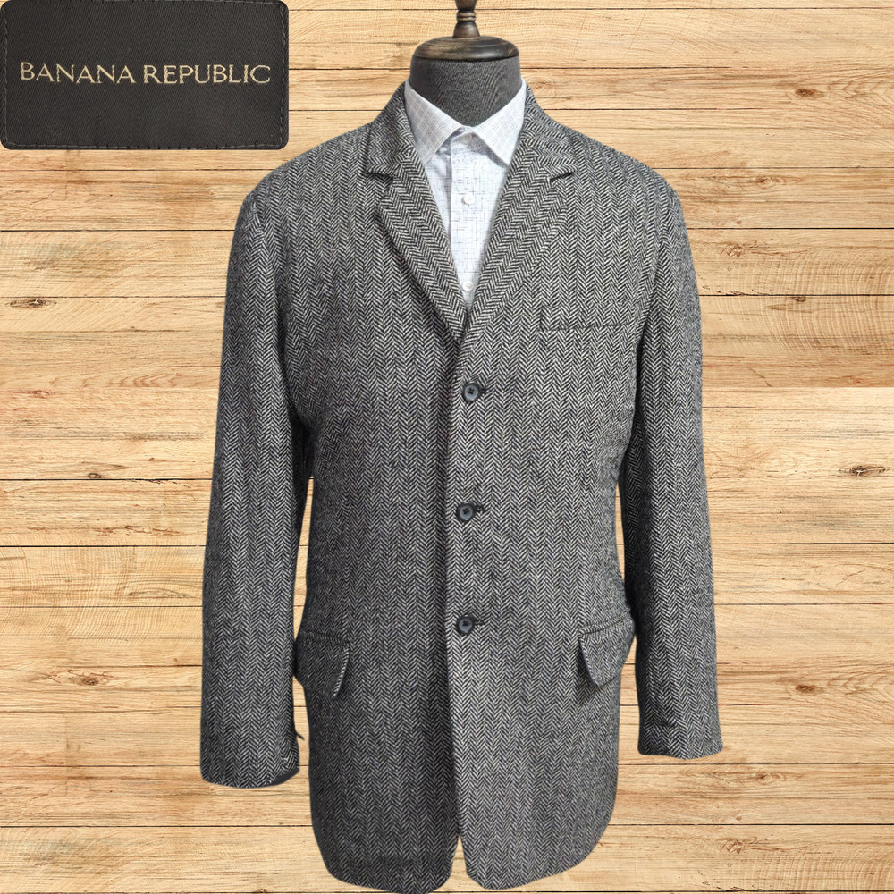 Banana Republic Mens Large Sport Coat Gray Herringbone Tweed Wool 3 Button